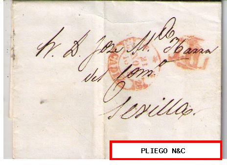 Carta. D.P. 26. CÁDIZ. 21 NOV. 1849. De Cádiz a Sevilla. Baeza (29R) y marca de porteo