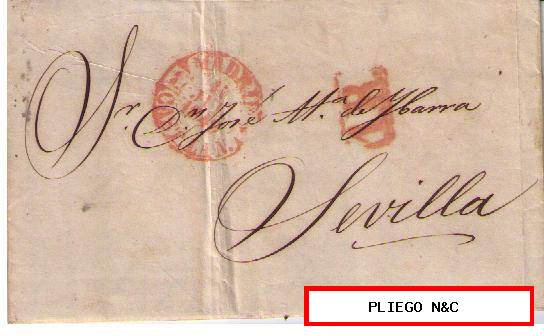 Carta. D.P. 1. CASTILLA LA N. 11 JUL. 1849. De Madrid a Sevilla. Fechador Baeza (15R) con marca de porteo