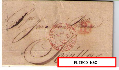 Carta. D.P. 13. EXTREMADURA B. 11 NOV. 1849. De Brozas a Sevilla. Fechador Baeza (5R) y marca de porteo