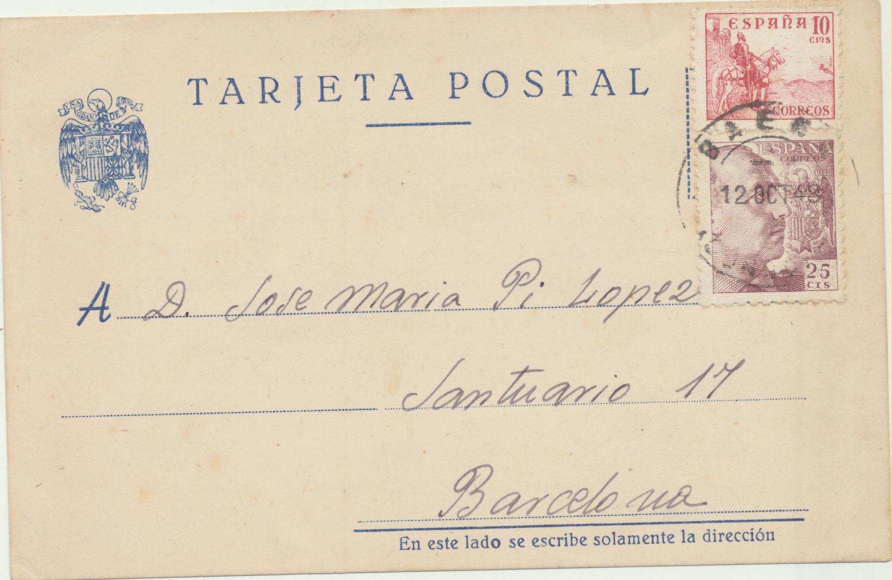 Tarjeta Postal de Baena a Barcelona, del 12 Octubre 1948. Franqueado con Edifil 917 y 923