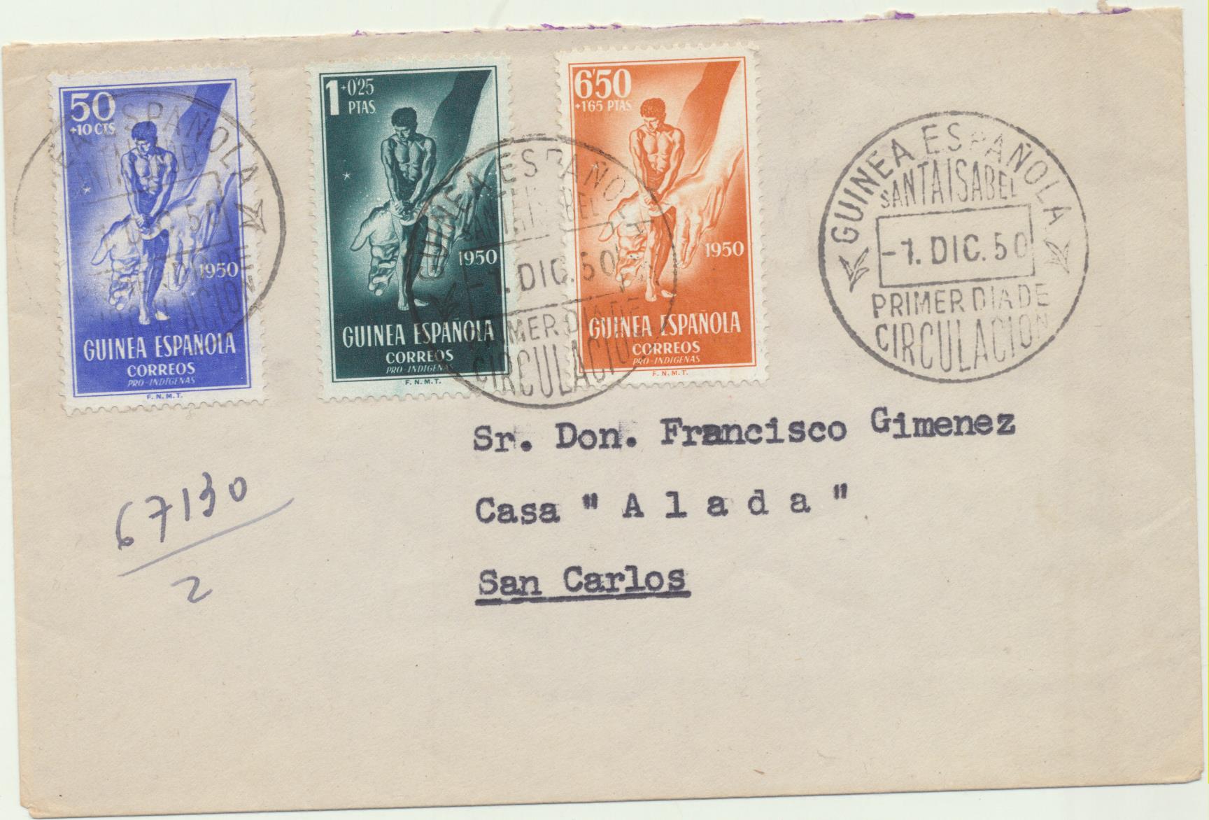 Carta de Santa Isabel (Guinea Española) a San Carlos (Fernando Poo) Del 1-12-1950. Primer día de Circulación