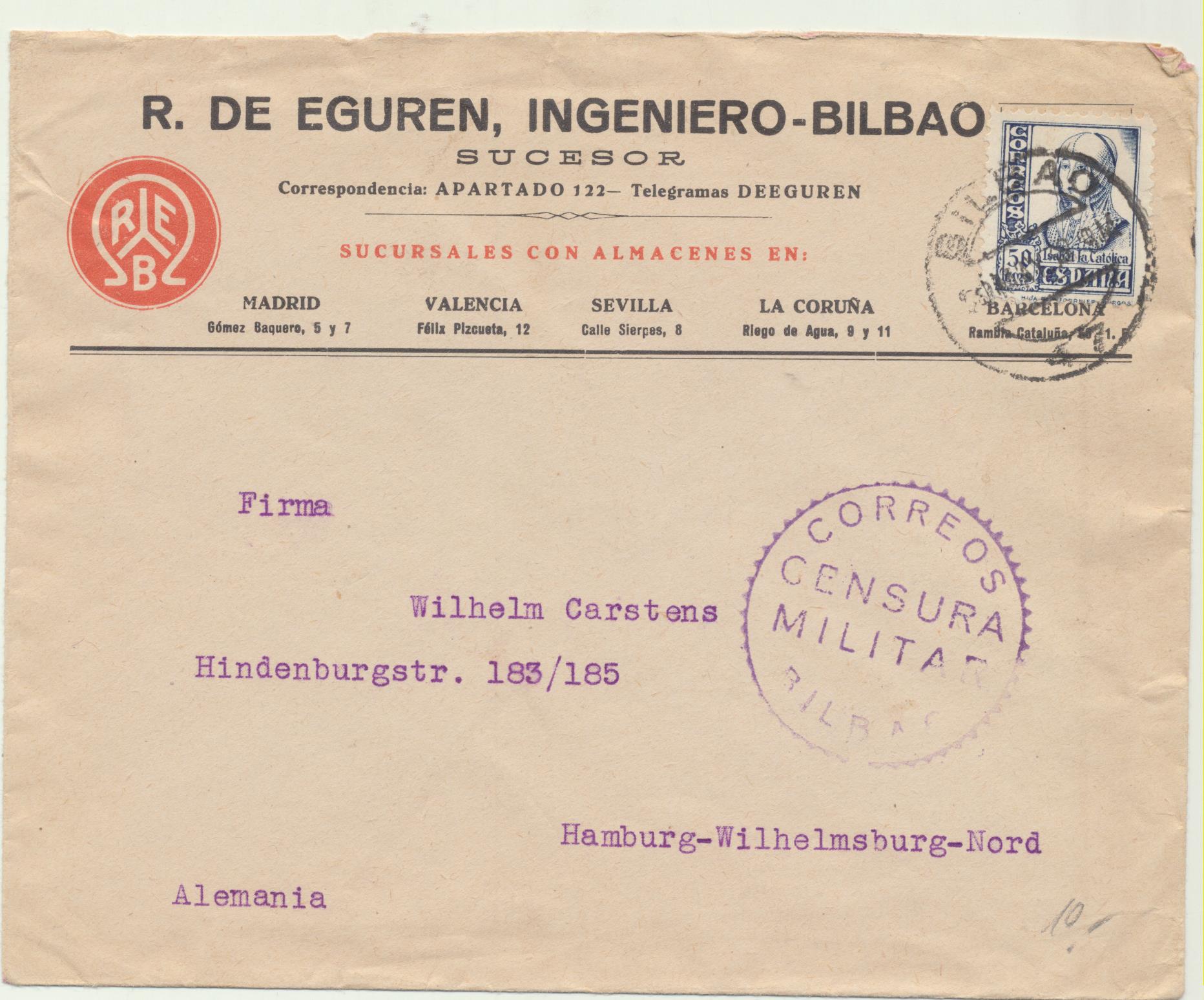 Carta con Membrete. R. de Eguren. De Bilbao a Hamburgo. Con Censura Militar y Publicidad Titán en dorso