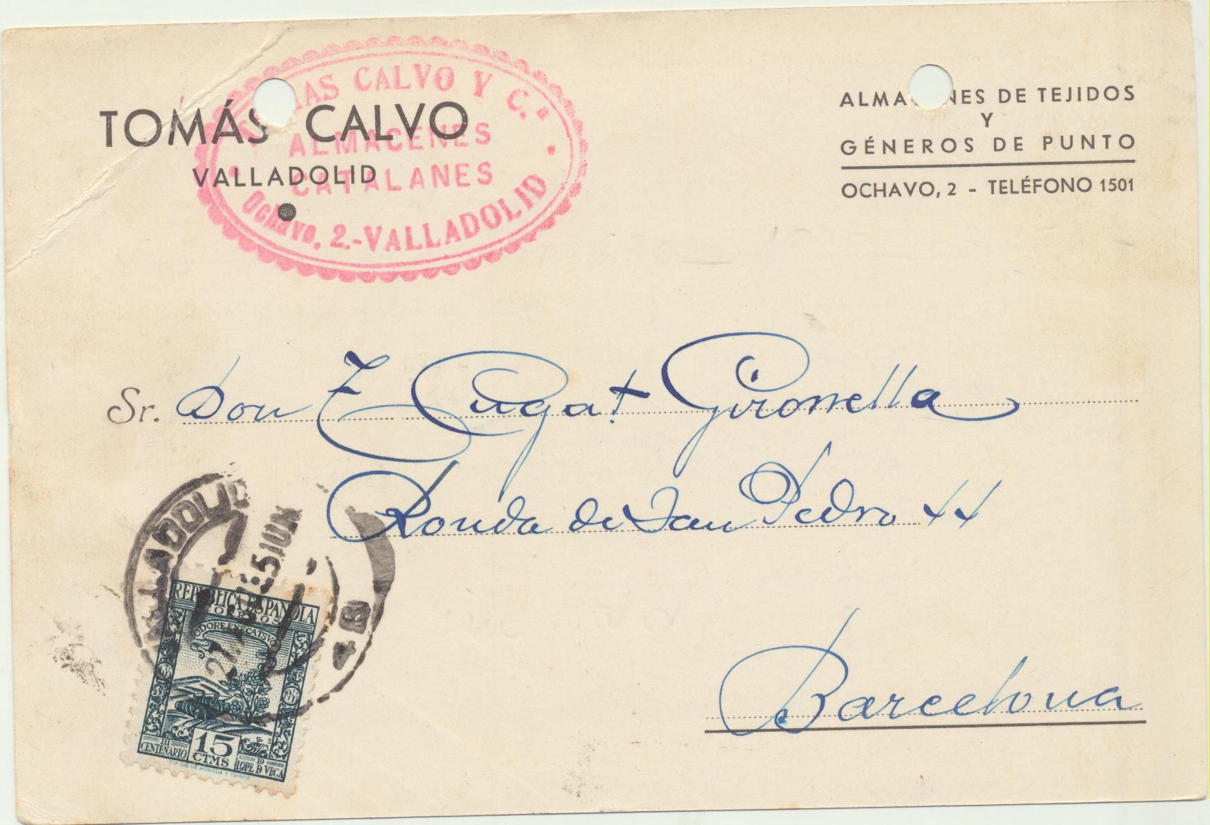 Tarjeta Postal con Membrete. De Valladolid a Barcelona del 27-8-1935. Con Edifil 690