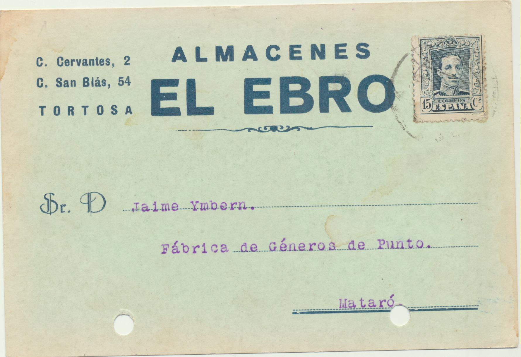 Tarjeta Postal con Membrete. De Tortosa a Mataró. Del 14 Abril 1930. Con Edifil 315