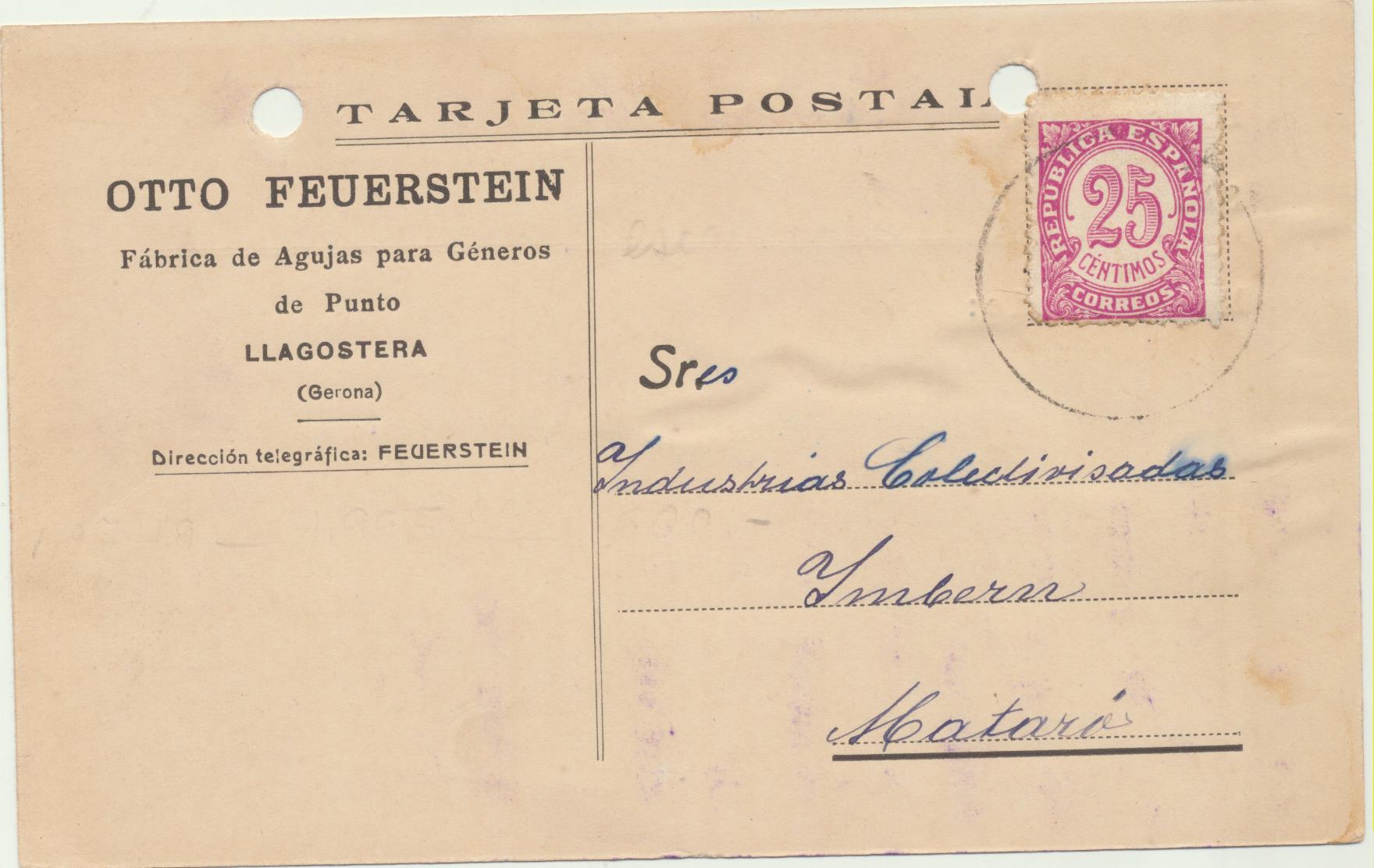 Tarjeta Postal con membrete. De Llagostera a Mataró del 14 Nov-1938? Franqueado con Edifil 749