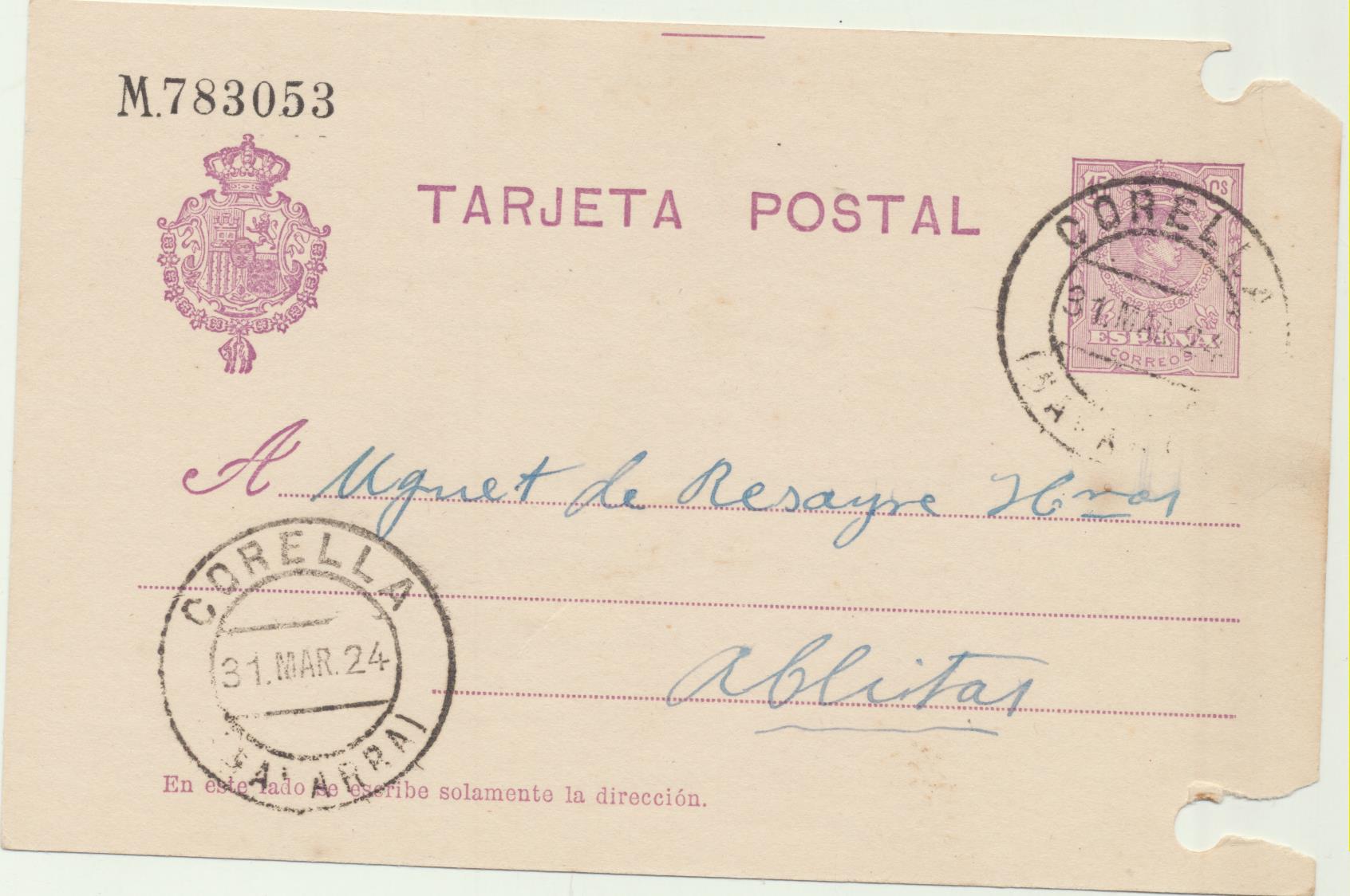 España. Entero Postal. (15 c.) De Corella a Ablitas del 31-marzo-1924. Edifil 50