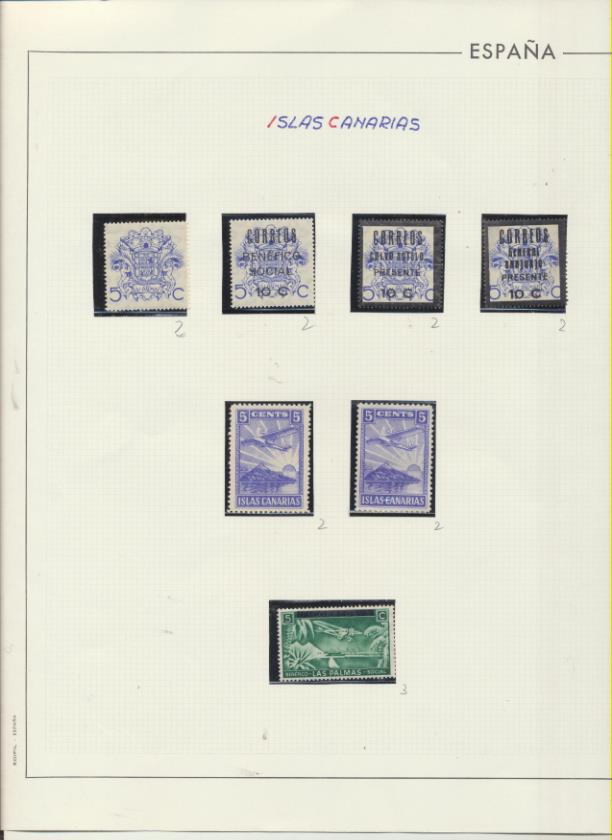 Canarias. 7 sellos Nuevos con goma. Pro Las Palmas 5cts., Habilitado 10 cts. Benéfico Social, Calvo Sotelo Presente y Sanjurjo presente + Aéreos