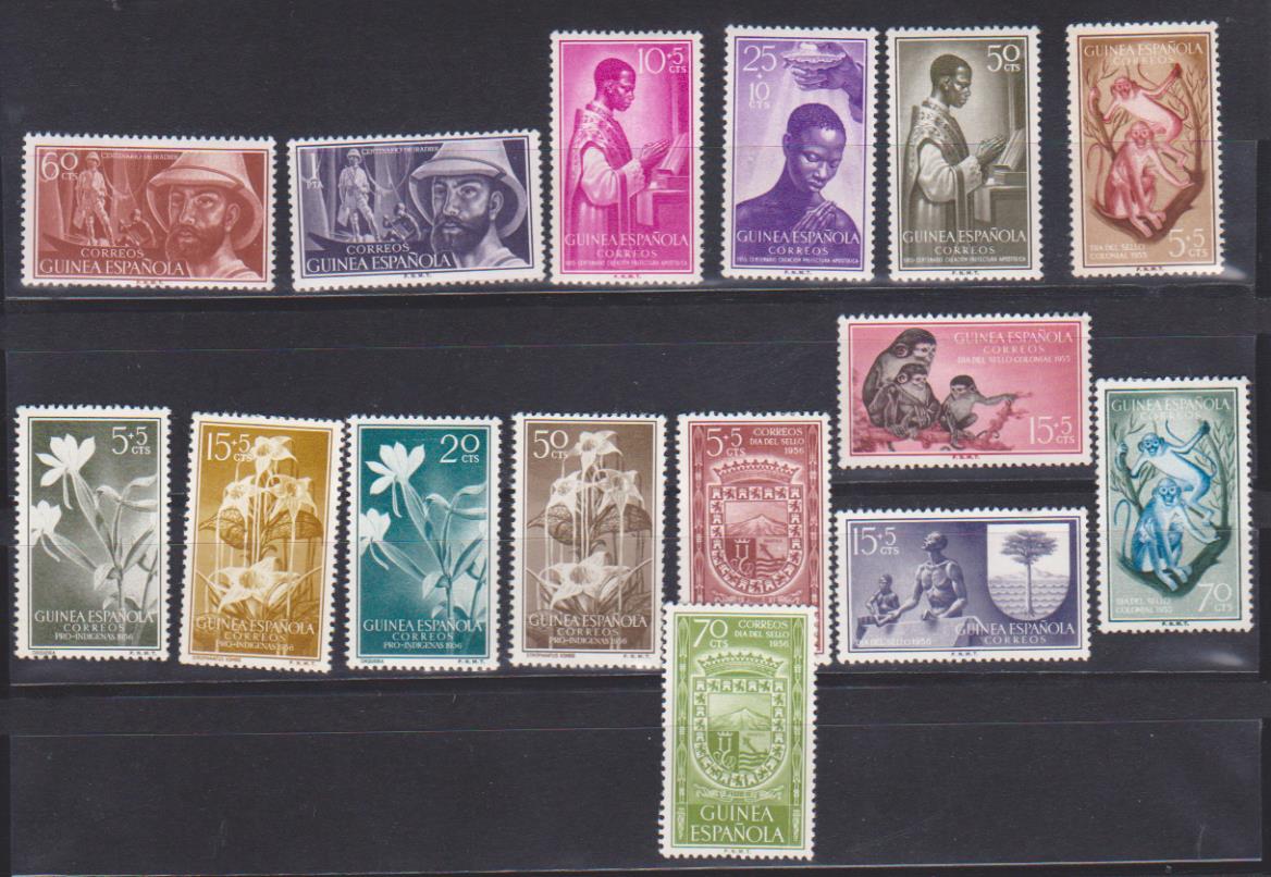 1952-56. Guinea Española. 5 Series Completas. Edifil 342-43 *, 344-46 *, 355-57 *, 358-61 *, 362-64 *