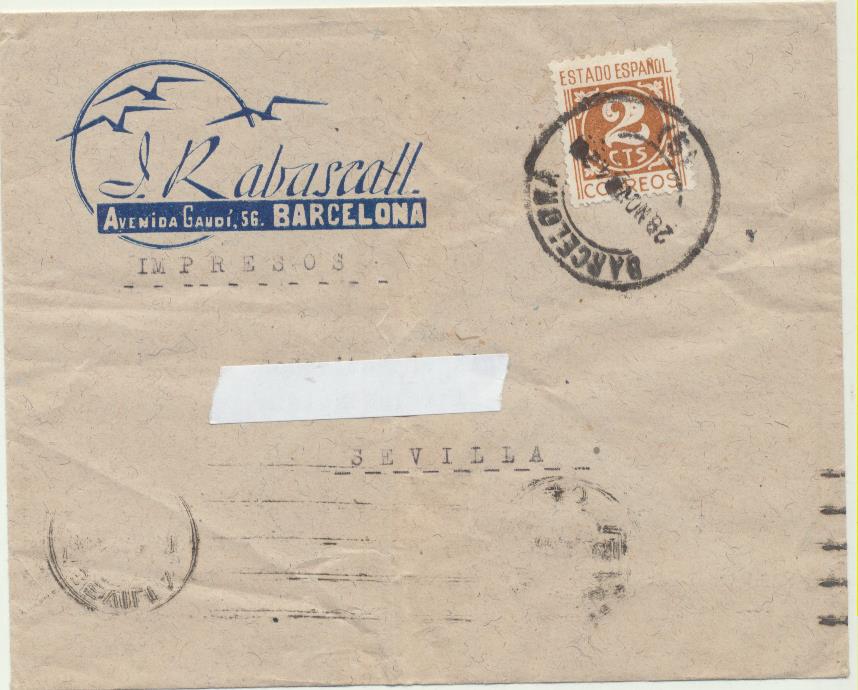 Carta con Membrete de Barcelona a Sevilla del 28-9-1942. J. Rabascall. Bonitos fechadores de llegada