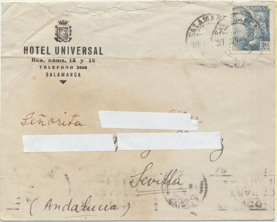 Carta con Membrete del Hotel Universal, Salamanca a Sevilla, del 31-6-1945