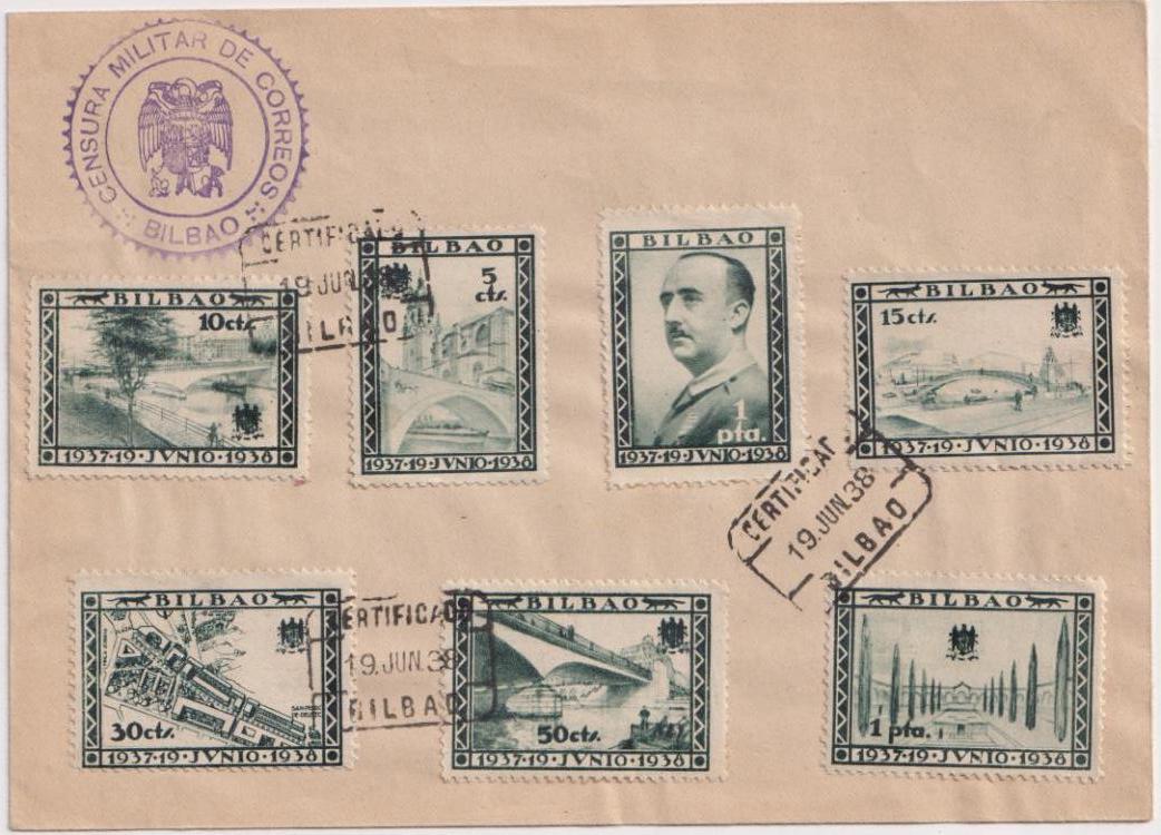 Bilbao. 1937 19 Junio 1938. Sobre con 8 valores en azul. 3 Fechadores Primer día y Censura militar de correos. Bilbao. LUJO