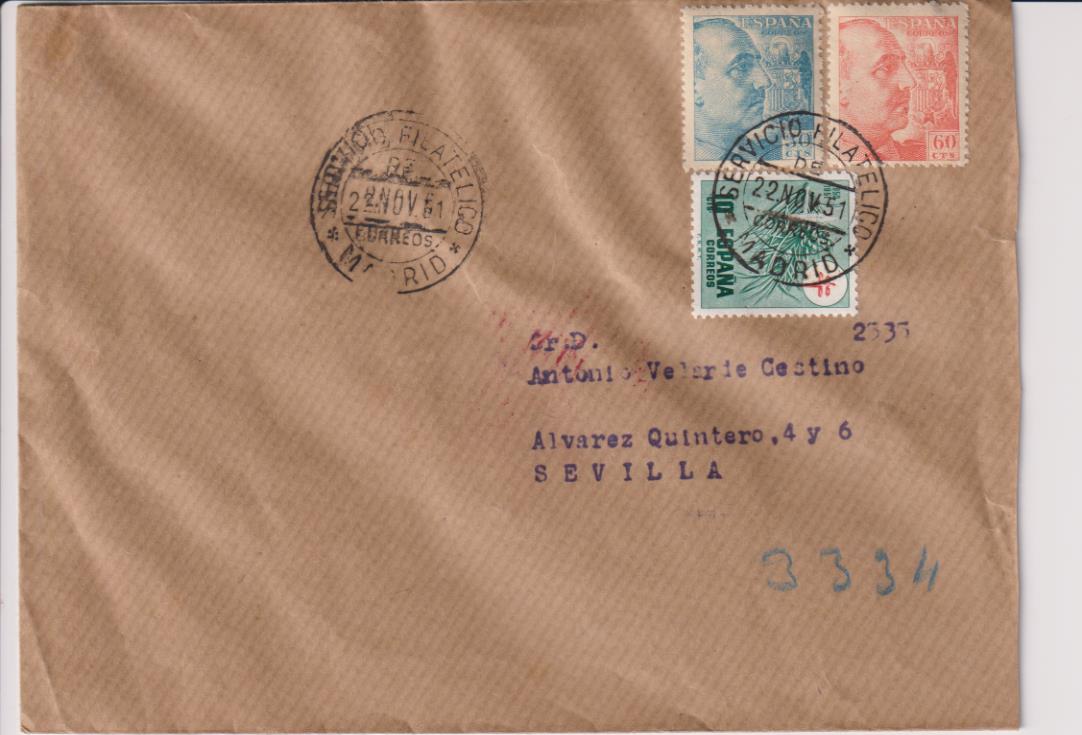 Carta de Madrid a Sevilla del 22 Noviembre 1951. Bello franqueo y fechadores