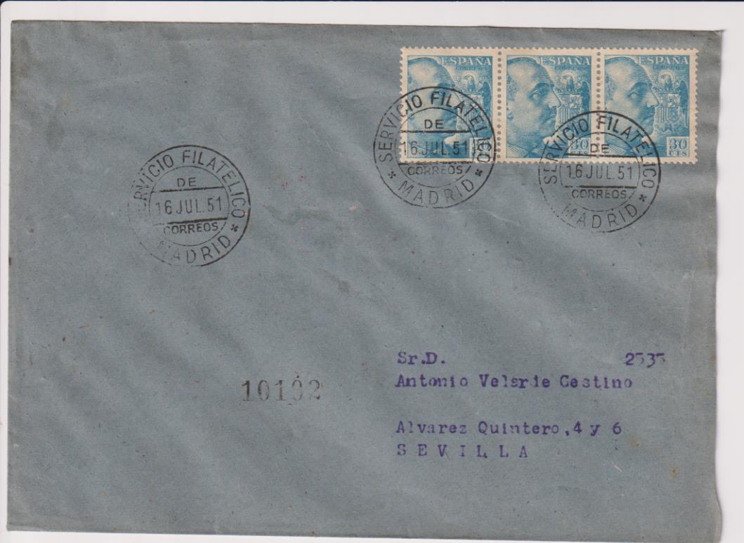 Carta de Madrid a Sevilla del 16 Julio de 1951. Bello franqueo (trío de Edifil 924) y fechadores