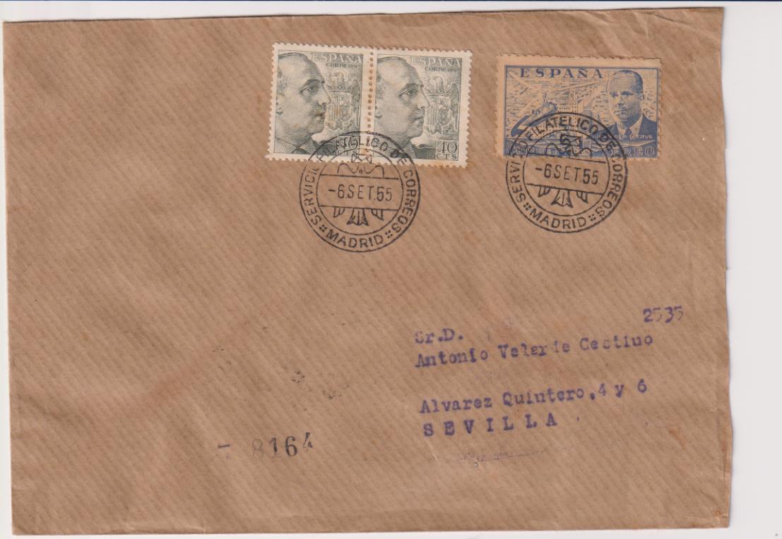 Carta de Madrid a Sevilla del 6 set. 1955. Bonito franqueo y bellos fechadores