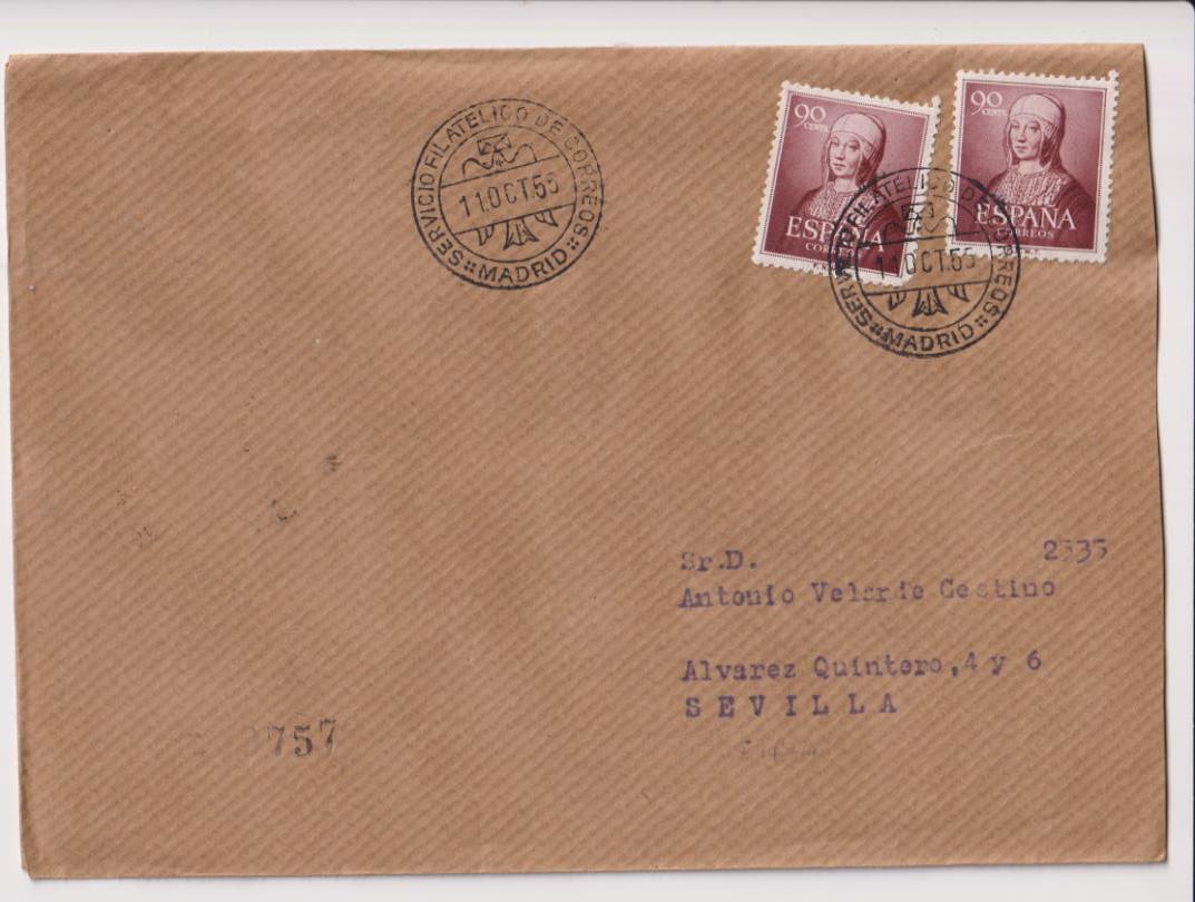 Carta de Madrid a Sevilla del 11 de Octubre de 1955. Bonito franqueo y bellos fechadores