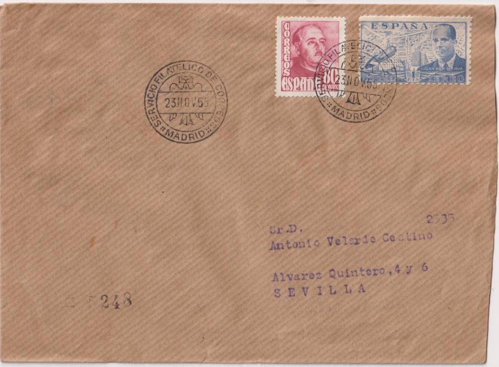 Carta de Madrid a Sevilla del 23 de Noviembre de 1955. Bonito franqueo y bellos fechadores
