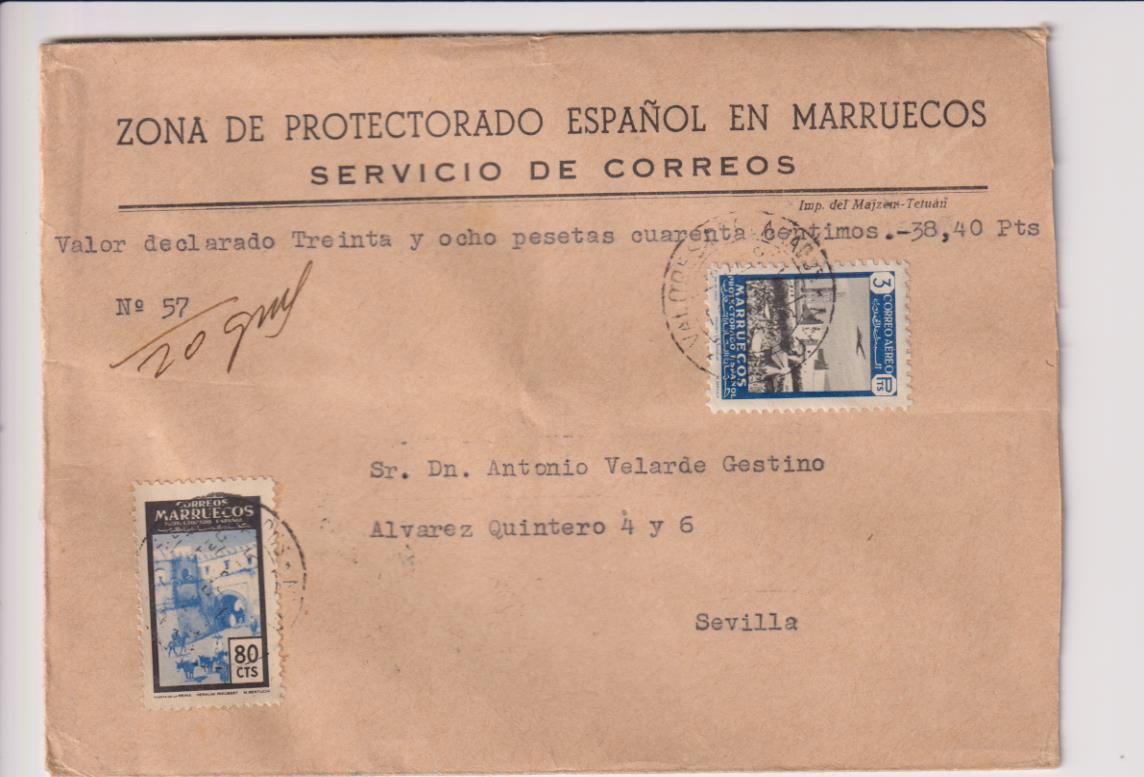 Carta con Membrete del Protectorado Español en Marruecos. De Tetuán a Sevilla de Febrero de 1955. Bonito anverso reverso