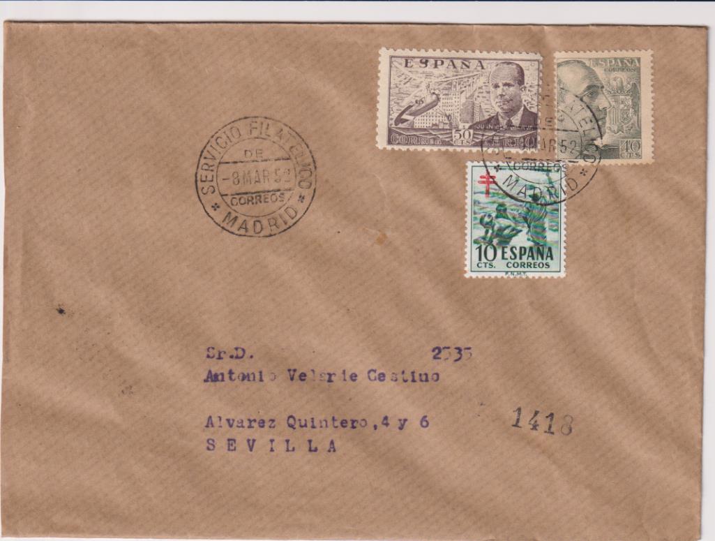 Carta de Madrid a Sevilla del 8 marzo 1952. Bonito franqueo y fechador de lujo