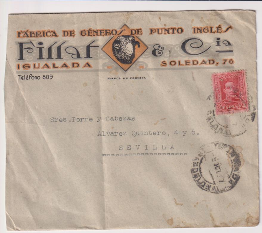 Carta con Membrete de Igualada a Sevilla del 5 Octubre de 1927