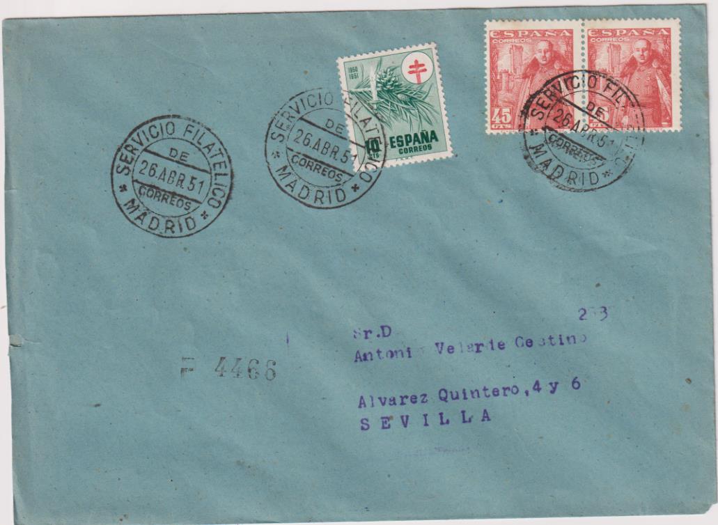 Carta de Madrid a Sevilla del 26 de Abril de 1951. Bonitos franqueo y fechadores
