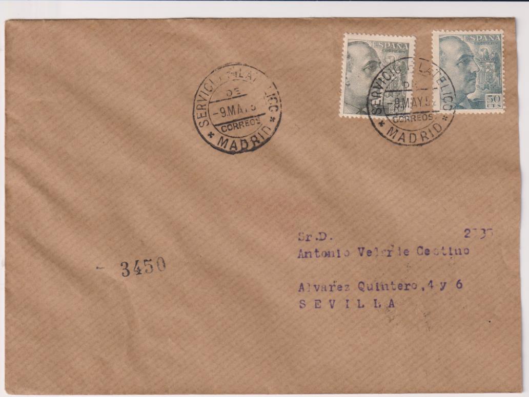 Carta de Madrid a Sevilla del 9 de mayo de 1952. Bonito Franqueo y fechadores