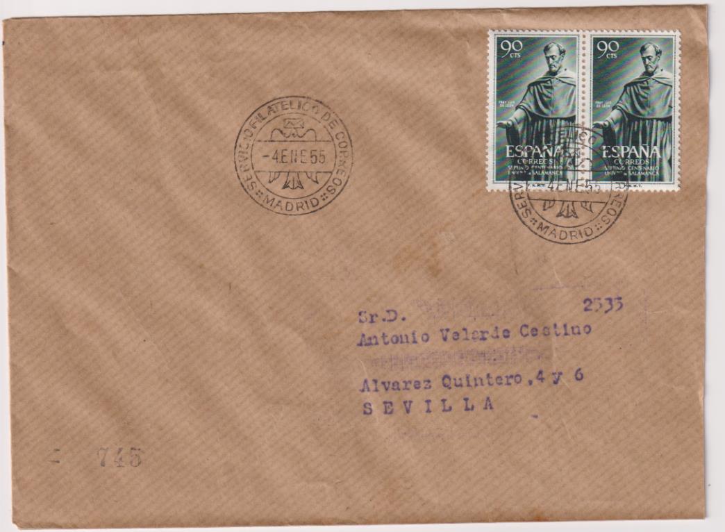 Carta de Madrid a Sevilla del 4 de Enero de 1955. Bonito franqueo y fechadores