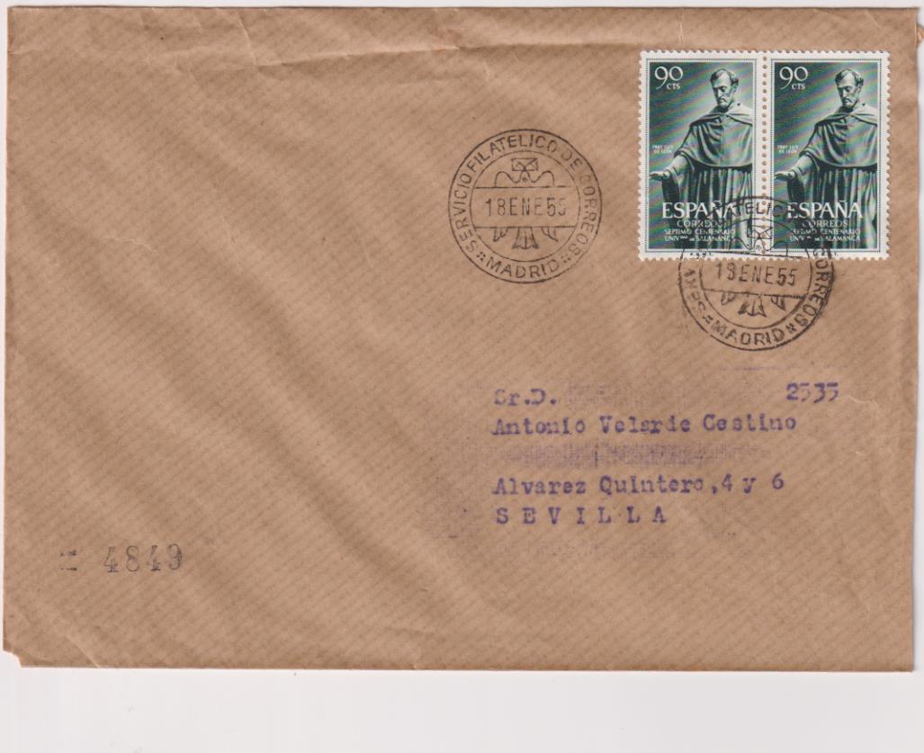 Carta de Madrid a Sevilla del 18 de Enero de 1955. Bonito franqueo y fechadores