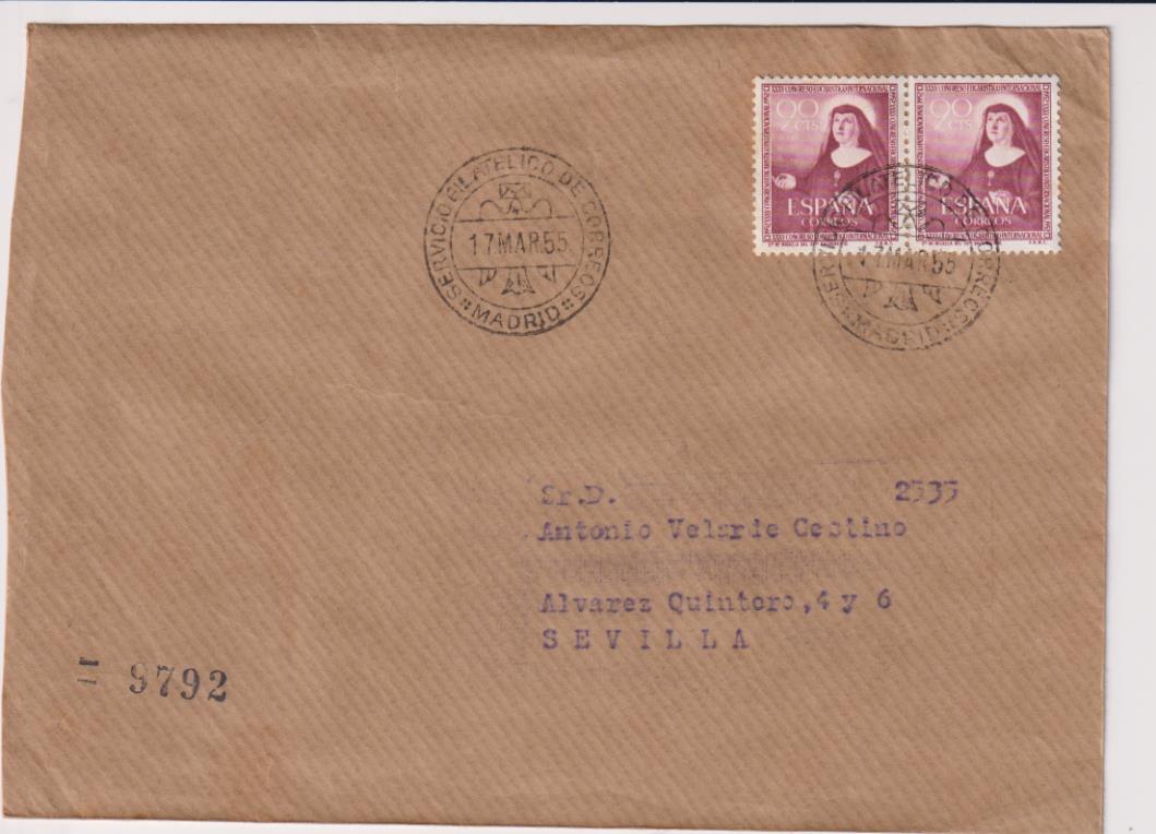 Carta de Madrid a Sevilla del 17 de Marzo de 1955. Bonito franqueo y fechadores