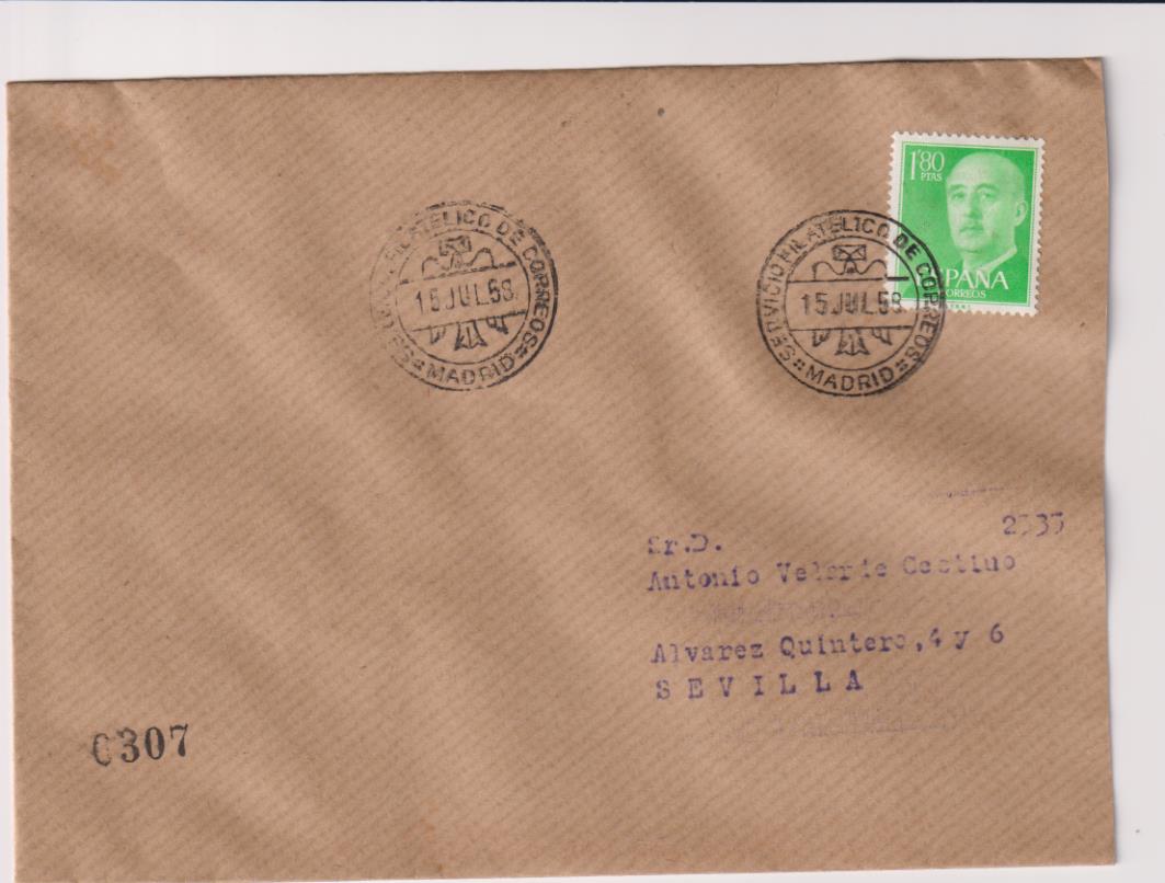 Carta de Madrid a Sevilla del 15 de Julio de 1958. bonito franqueo y fechadores