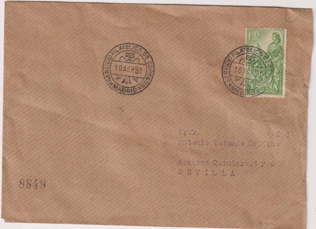 Carta de Madrid a Sevilla del 10 de Abril de 1959. Bonito franqueo y fechadores