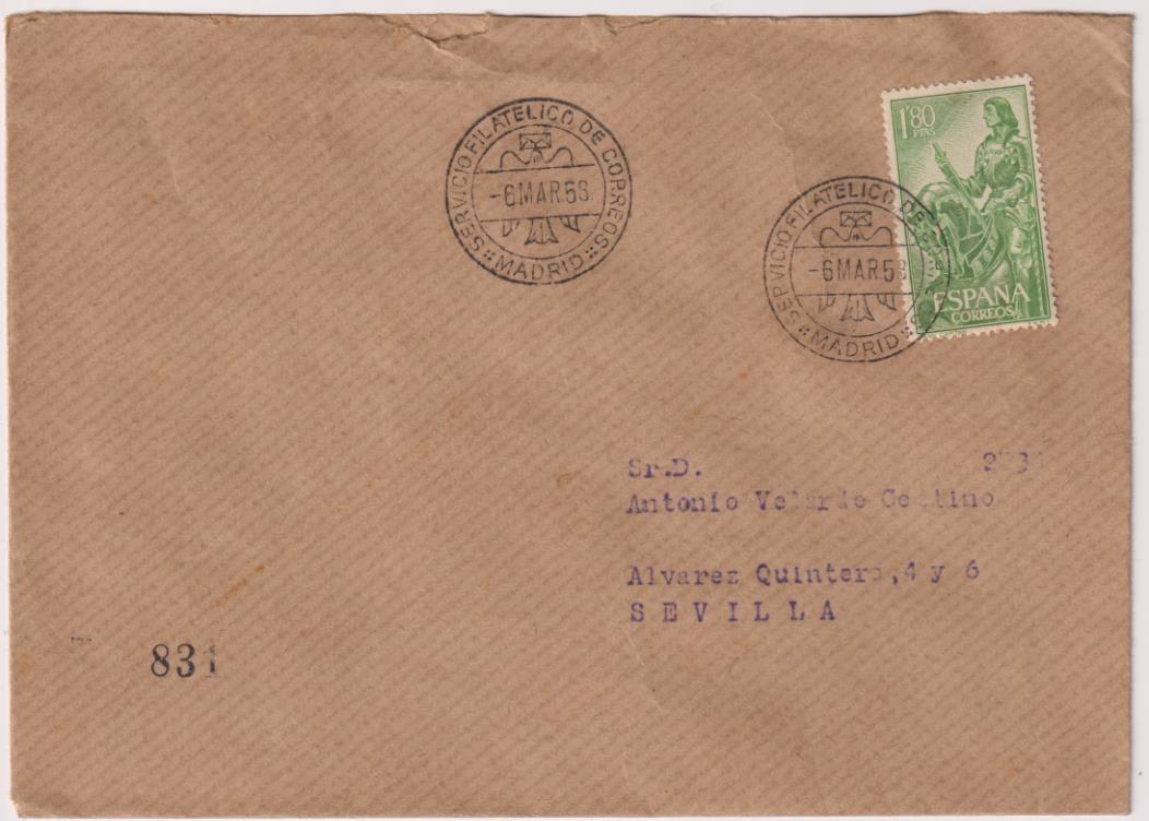 Carta de Madrid a Sevilla del 6 de marzo de 1958. Bonito franqueo y fechadores