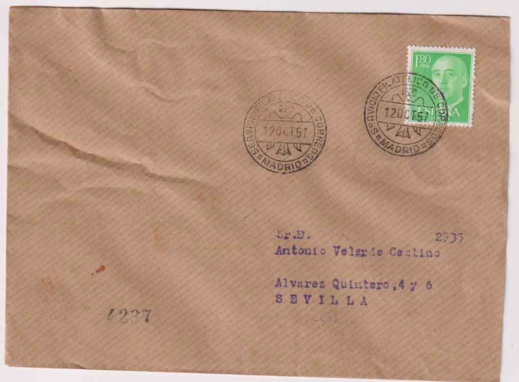 Carta de Madrid a Sevilla del 12 de Octubre de 1957. Bonito franqueo y fechadores