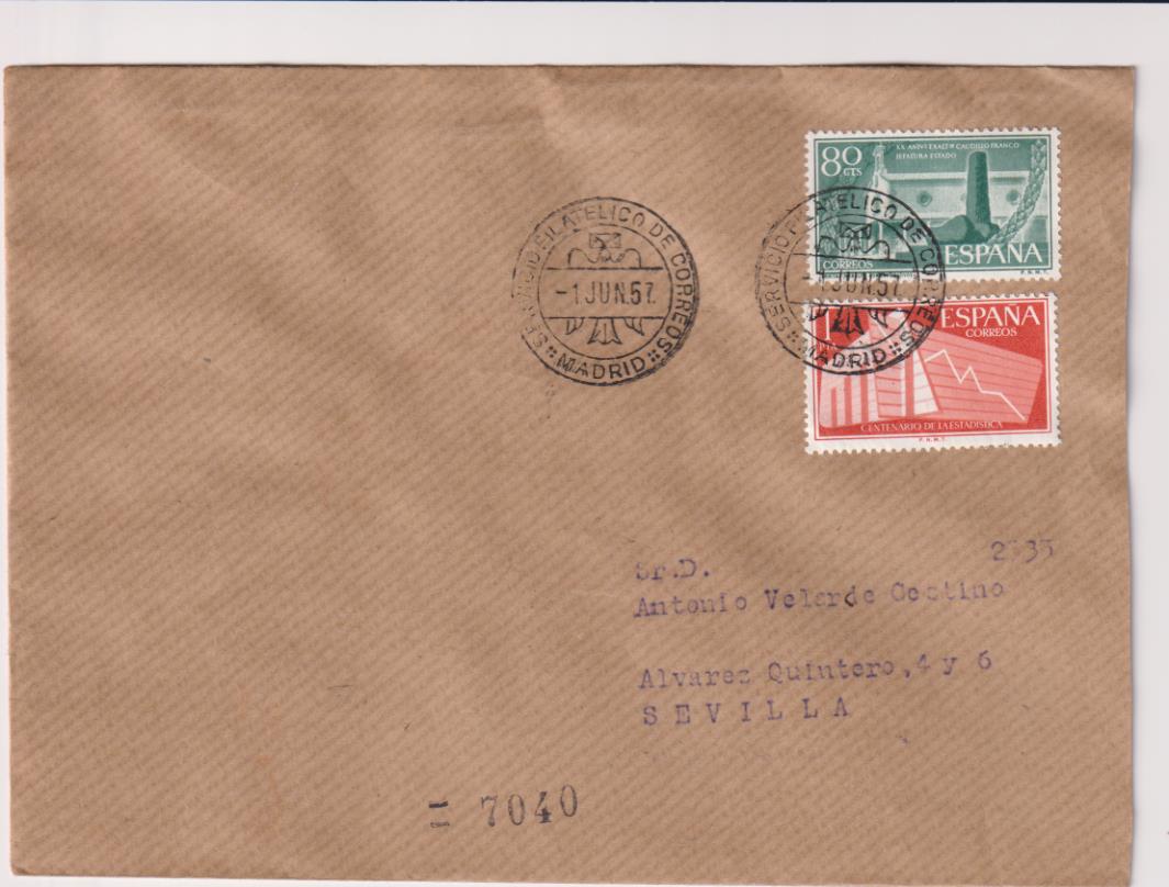 Carta de Madrid a Sevilla del 1 de Junio de 1957. Bonito franqueo y fechadores