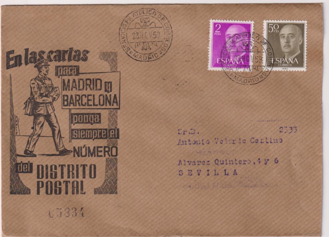 Carta de Madrid a Sevilla del 23 de Noviembre de 1959. Bonito franqueo y fechadores