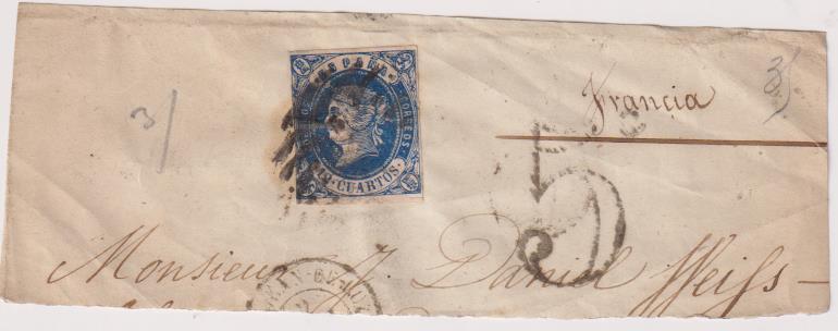Isabel II. 1862. Mitad superior de frontal de carta. Edifil 59, Matasello parrilla Negra