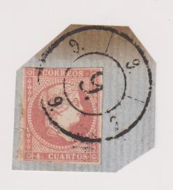 1856. Fragmento de carta, Isabel II. 4 Cuartos. Edifil 48. Vte. Rueda de carreta negra, el 9 inferior no invertido