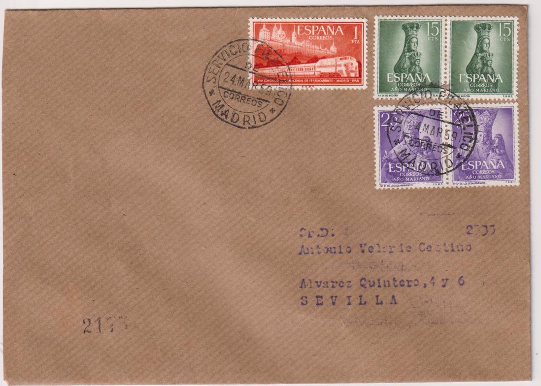 Carta de Madrid a Sevilla del 24 de Marzo de 1959. Bonito franqueo y fechadores