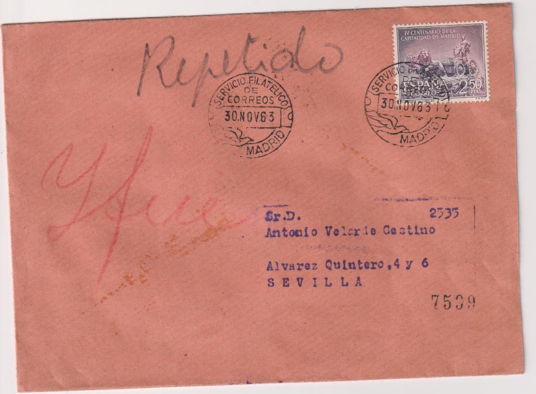 Carta de Madrid a Sevilla del 30 de Noviembre de 1963. Bonitos fechadores