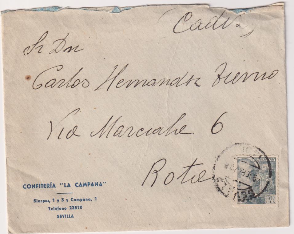 Carta con Membrete. De Confitería La Campana, Sevilla a Rota del 9-Sept. 1947