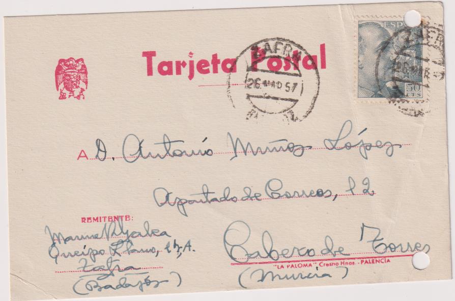 Lote de 4 Tarjetas Postales de Zafra a Cabezo de Torres.Enero y Febrero y Marzo de 1957