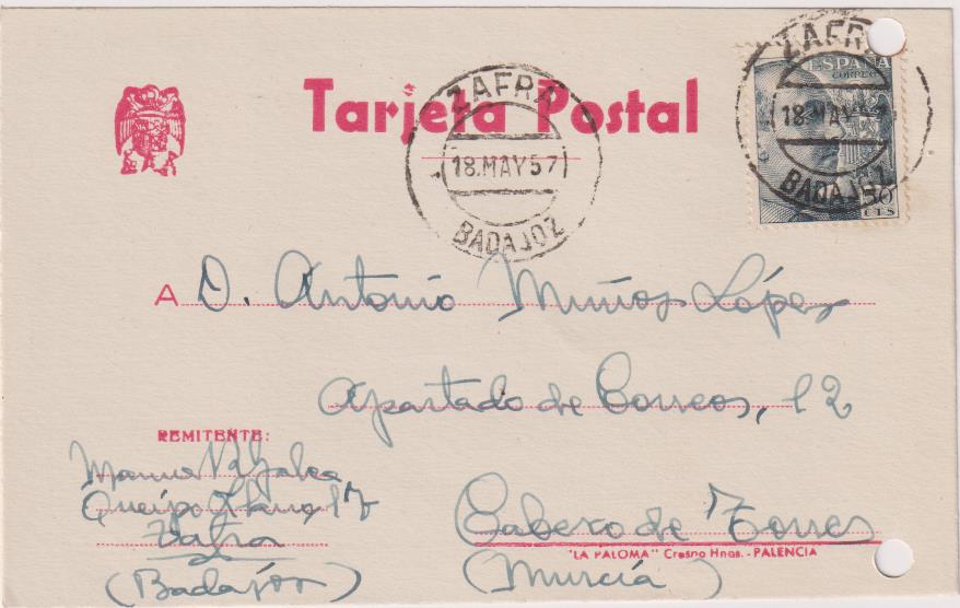 Tarjeta Postal.De Zafra a Cabezo de Torres del 18-May.57