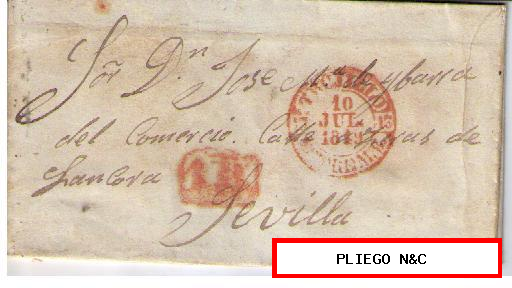 Carta. D.P. 13. EXTREM. B. 10 JUL. 1849. De Trujillo a Sevilla. Fechador Baeza (5 R) y marca de porteo