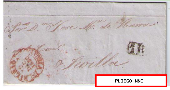 Carta. D.P. 11VIZCAYA. JUL. 1849. De Bilbao a Sevilla. Fechador Baeza (21 R) y marca de porteo con recuadro negro. Normal bonito