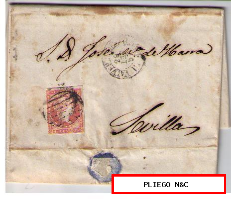Carta. SET. 1857. De Valverde del Camino (Huelva) a Sevilla. Franqueo 48, matasellos parrilla negro fechador (Tipo I) en negro