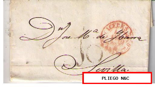 Carta. D.P. 13. EXTREM. B. JUN. 1849. De Cáceres a Sevilla. Fechador Baeza (9 R) y marca de porteo