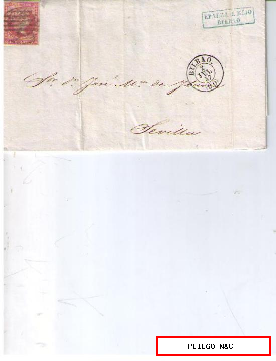 Carta de Bilbao a Sevilla. Franqueada con nº 48 matasellado con parrilla negro y s/pliego fechador tipo I en negro