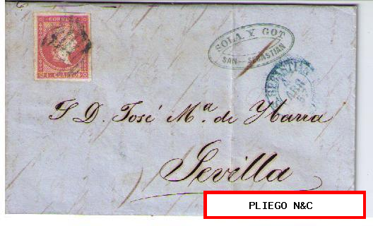 Carta de S. Sebastián a Sevilla. Franqueado con nº 48 matasellado con parrilla negra. s/pliego fechador I en azul