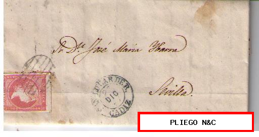 Carta de Sanlúcar de B. (Cádiz) a Sevilla. Franqueada con nº 48, matasellado con parrilla negras/pliego fechador tipo I en negro