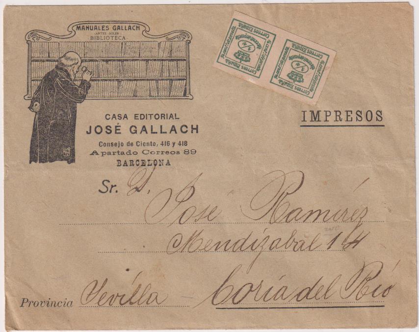 Carta con Membrete de Editorial J. Gallach, Barcelona a Coria del Río, 1914. Con Edifil 173A