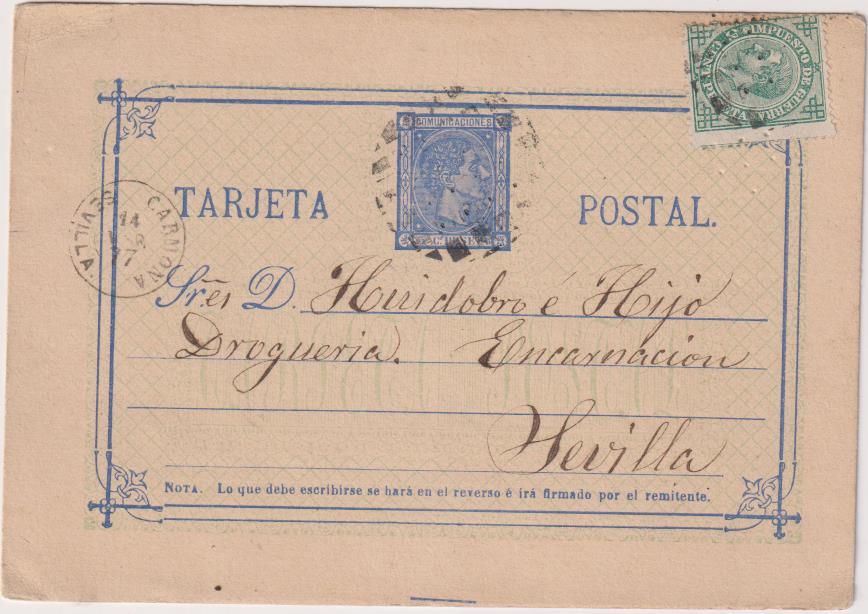 Tarjeta Entero postal de Carmona Sevilla del 13 Ene. 1977. Edifil 8 + Edifil 183